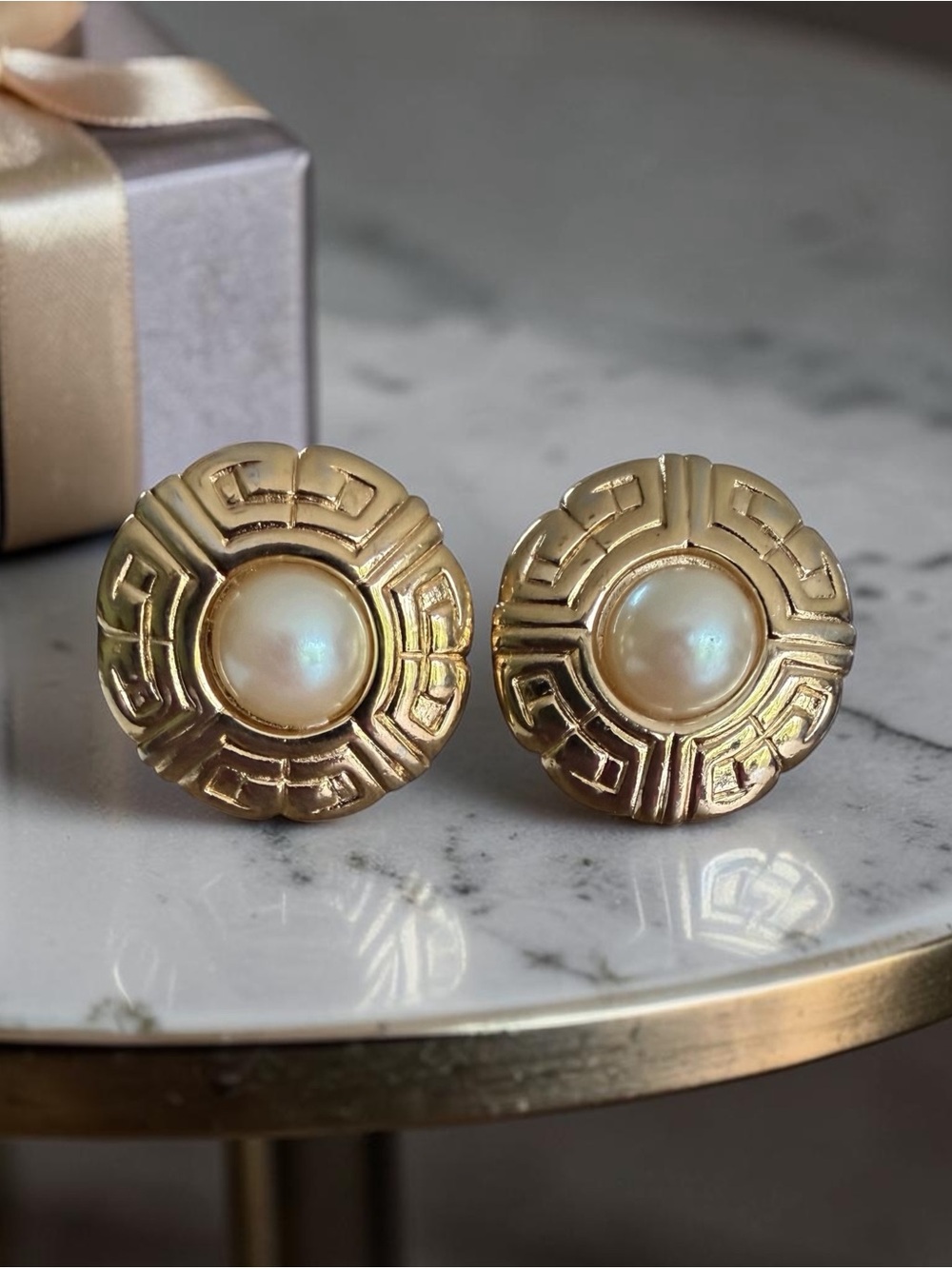 Givenchy Vintage Gold-Plated And Faux Pearl Circle Post Earrings (Pierced Ears)